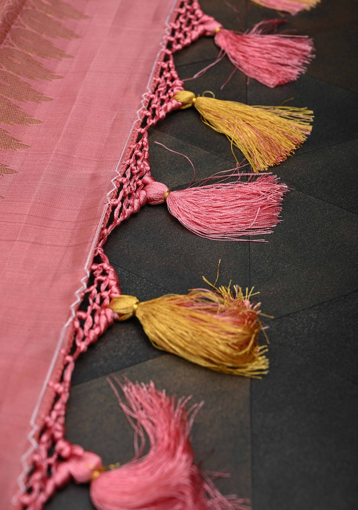 Dusty Pink Sequins, cutdana, Mirror Work on Kanjivaram Pure Silk Saree with Floral Brocade and Zari Border | SILK MARK CERTIFIED