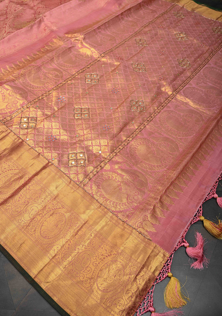 Dusty Pink Sequins, cutdana, Mirror Work on Kanjivaram Pure Silk Saree with Floral Brocade and Zari Border | SILK MARK CERTIFIED