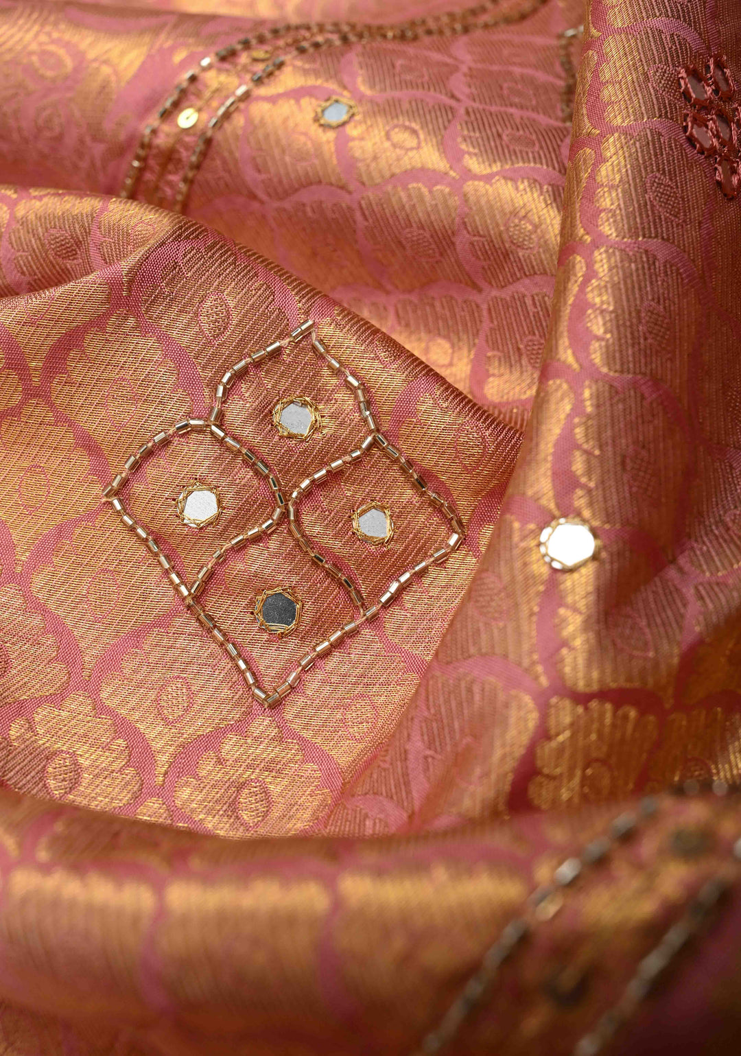 Dusty Pink Sequins, cutdana, Mirror Work on Kanjivaram Pure Silk Saree with Floral Brocade and Zari Border | SILK MARK CERTIFIED