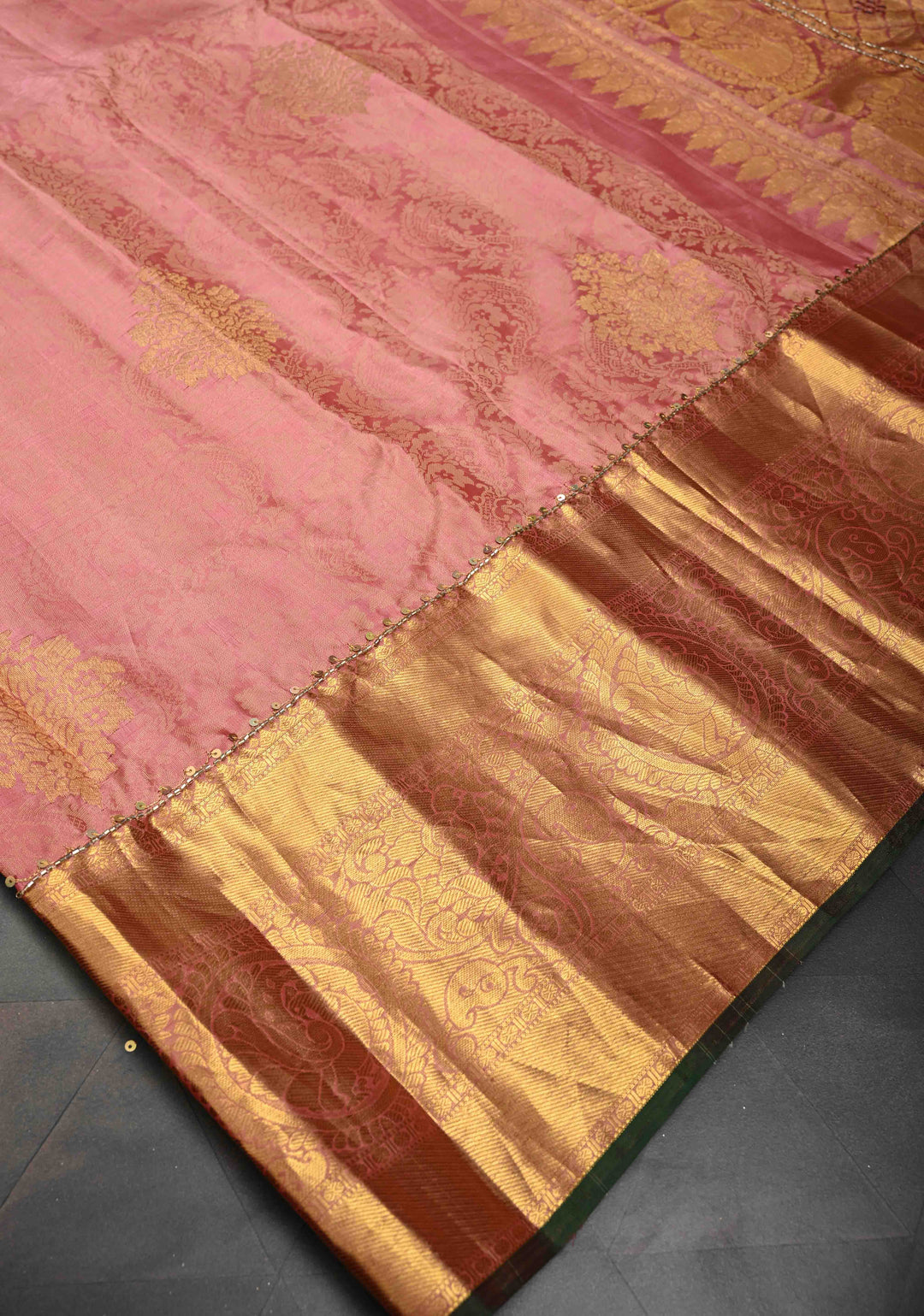 Dusty Pink Sequins, cutdana, Mirror Work on Kanjivaram Pure Silk Saree with Floral Brocade and Zari Border | SILK MARK CERTIFIED