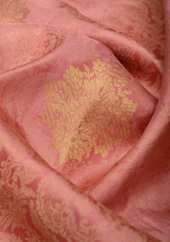 Dusty Pink Sequins, cutdana, Mirror Work on Kanjivaram Pure Silk Saree with Floral Brocade and Zari Border | SILK MARK CERTIFIED