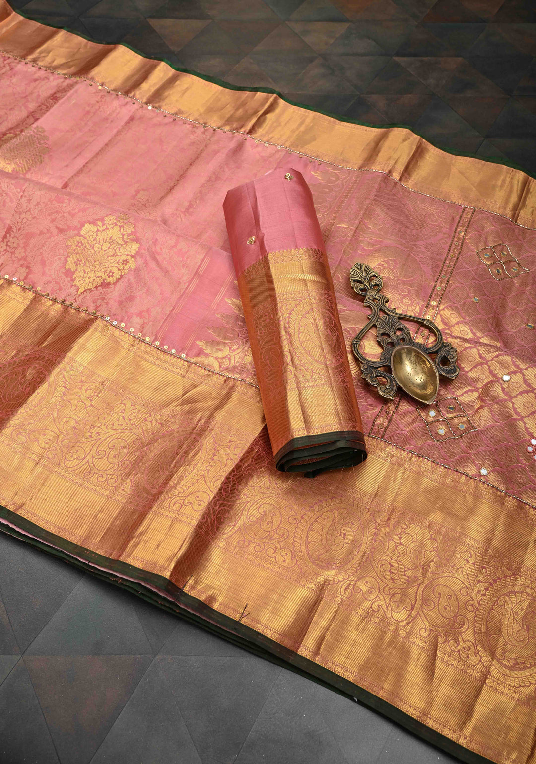 Dusty Pink Sequins, cutdana, Mirror Work on Kanjivaram Pure Silk Saree with Floral Brocade and Zari Border | SILK MARK CERTIFIED