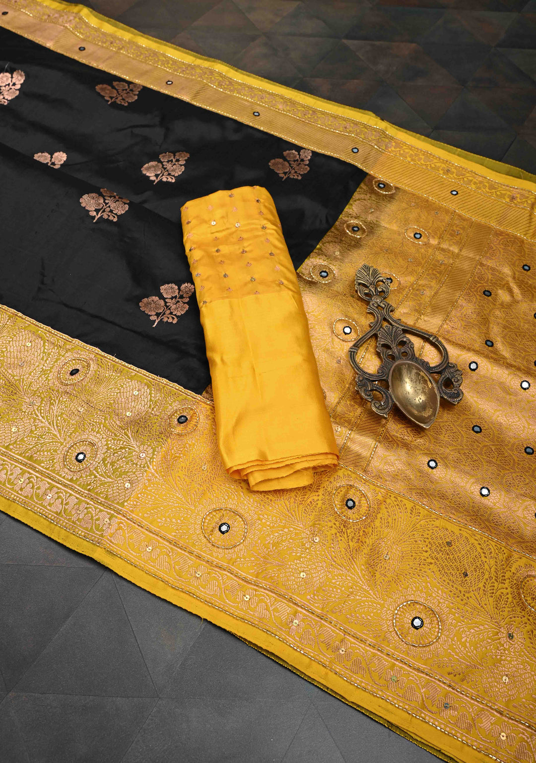 Black Katan Silk Saree with Floral Buttas and Sequins, cutdana, Mirror work on Border, Pallu| SILK MARK CERTIFIED
