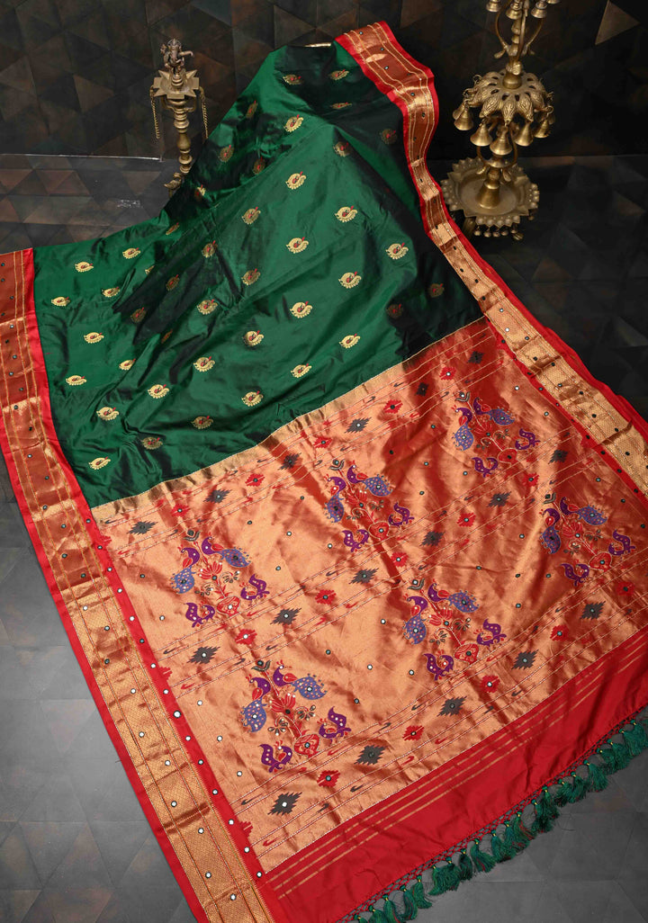 Bottle Green Kanchi Silk Cotton Saree with Meenakari Buttas with paithani style border  and Embellishments