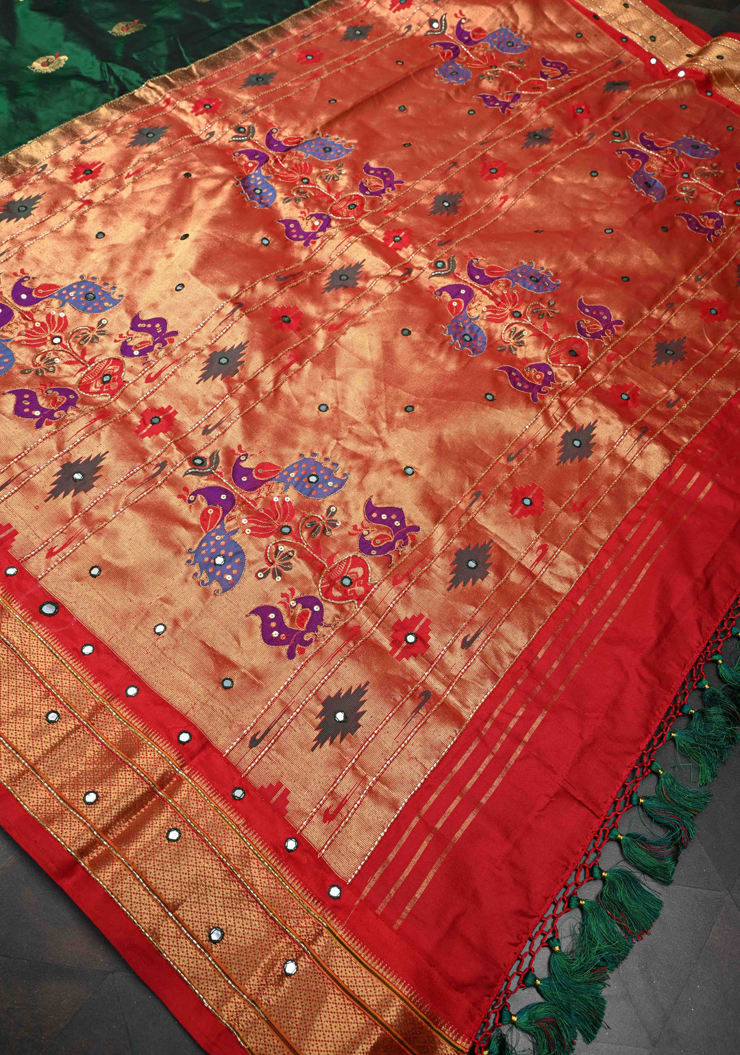 Bottle Green Kanchi Silk Cotton Saree with Meenakari Buttas with paithani style border  and Embellishments
