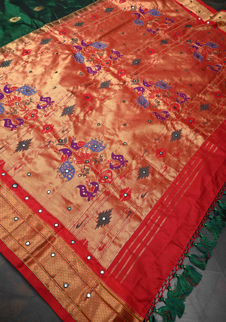 Bottle Green Kanchi Silk Cotton Saree with Meenakari Buttas with paithani style border  and Embellishments