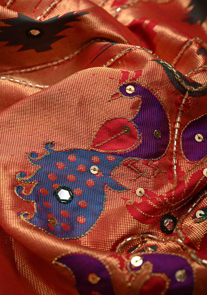 Bottle Green Kanchi Silk Cotton Saree with Meenakari Buttas with paithani style border  and Embellishments