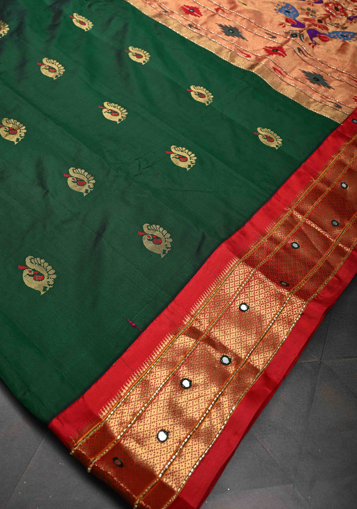 Bottle Green Kanchi Silk Cotton Saree with Meenakari Buttas with paithani style border  and Embellishments