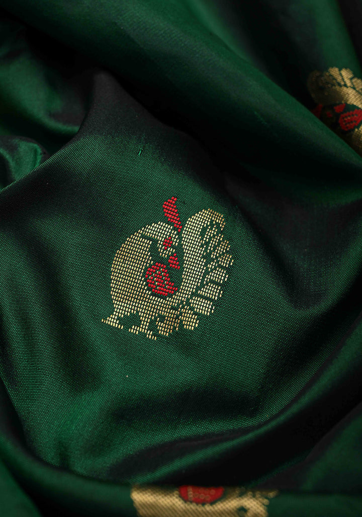Bottle Green Kanchi Silk Cotton Saree with Meenakari Buttas with paithani style border  and Embellishments