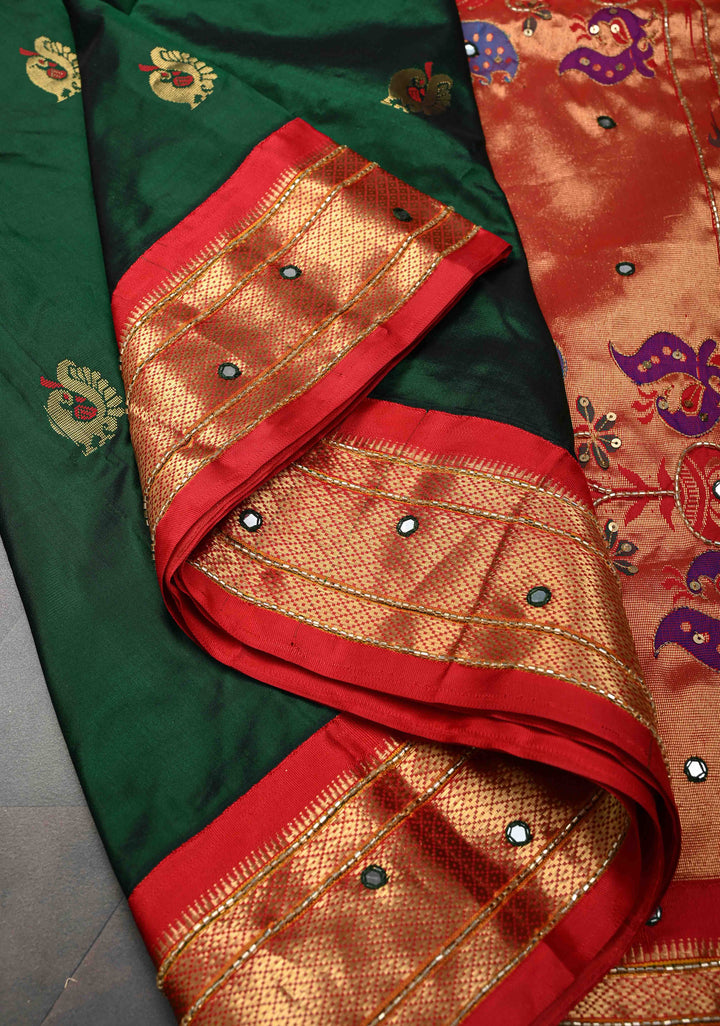 Bottle Green Kanchi Silk Cotton Saree with Meenakari Buttas with paithani style border  and Embellishments