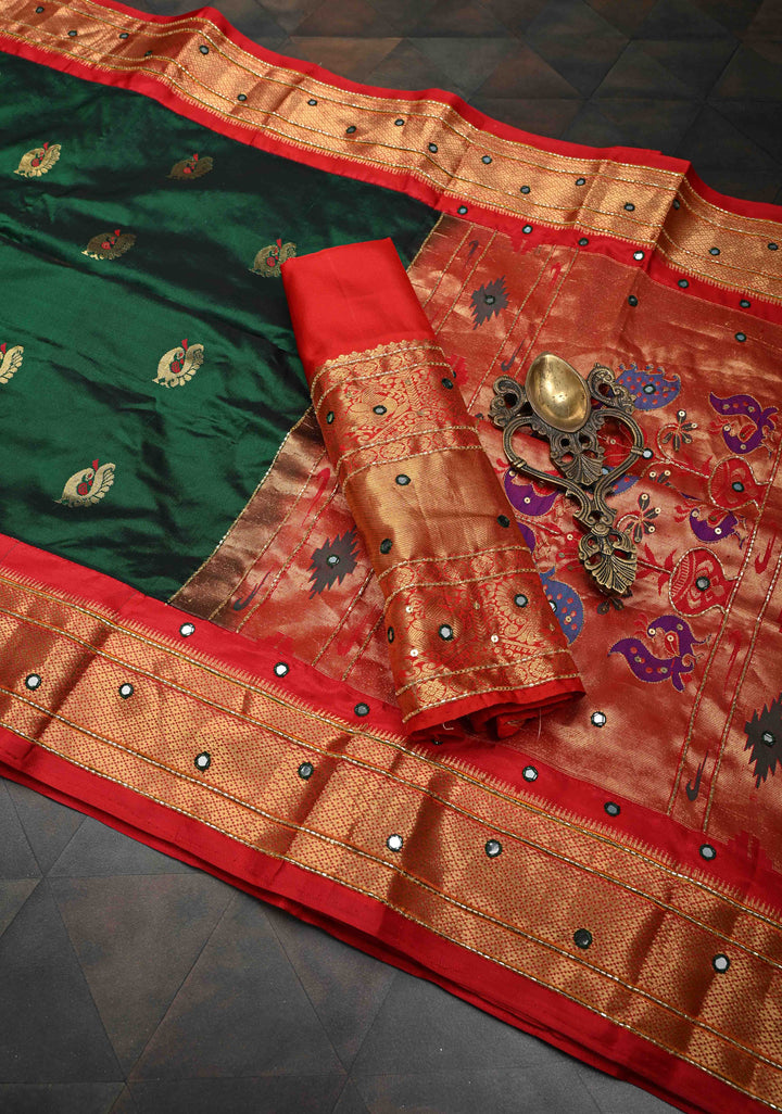 Bottle Green Kanchi Silk Cotton Saree with Meenakari Buttas with paithani style border  and Embellishments