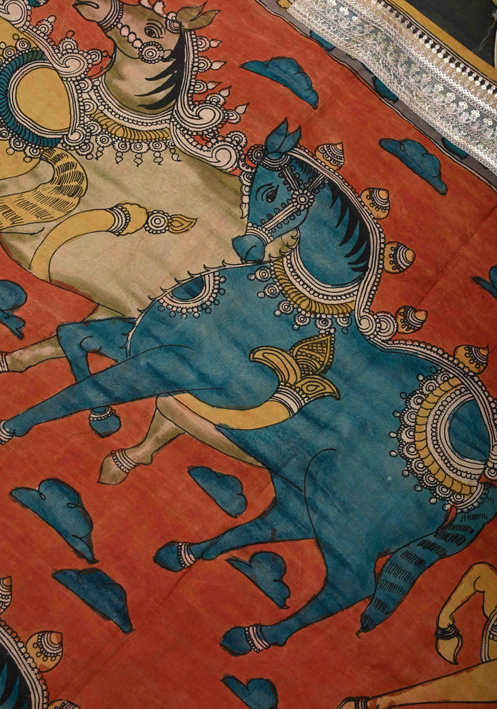 Horse Theme : Burnt Orange Authentic Pen kalamkari on pure Assam Silk Saree with Lace Border and Sequins, Cutdana, Mirror Work on Pallu