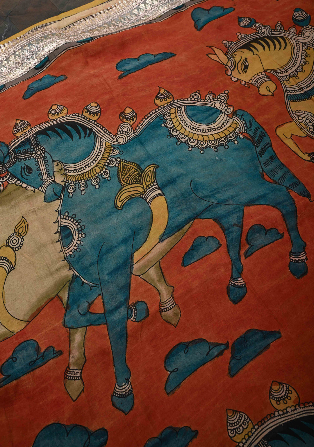 Horse Theme : Burnt Orange Authentic Pen kalamkari on pure Assam Silk Saree with Lace Border and Sequins, Cutdana, Mirror Work on Pallu