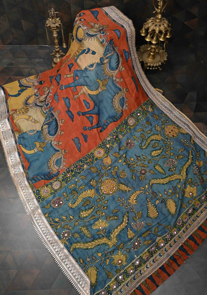 Horse Theme : Burnt Orange Authentic Pen kalamkari on pure Assam Silk Saree with Lace Border and Sequins, Cutdana, Mirror Work on Pallu
