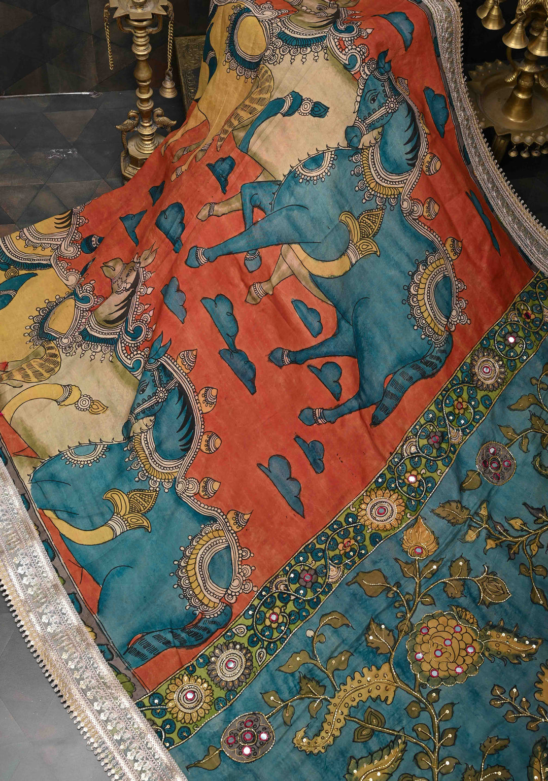 Horse Theme : Burnt Orange Authentic Pen kalamkari on pure Assam Silk Saree with Lace Border and Sequins, Cutdana, Mirror Work on Pallu