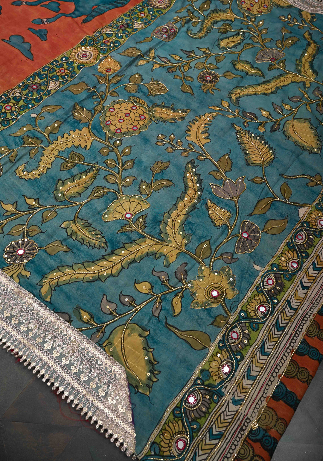 Horse Theme : Burnt Orange Authentic Pen kalamkari on pure Assam Silk Saree with Lace Border and Sequins, Cutdana, Mirror Work on Pallu