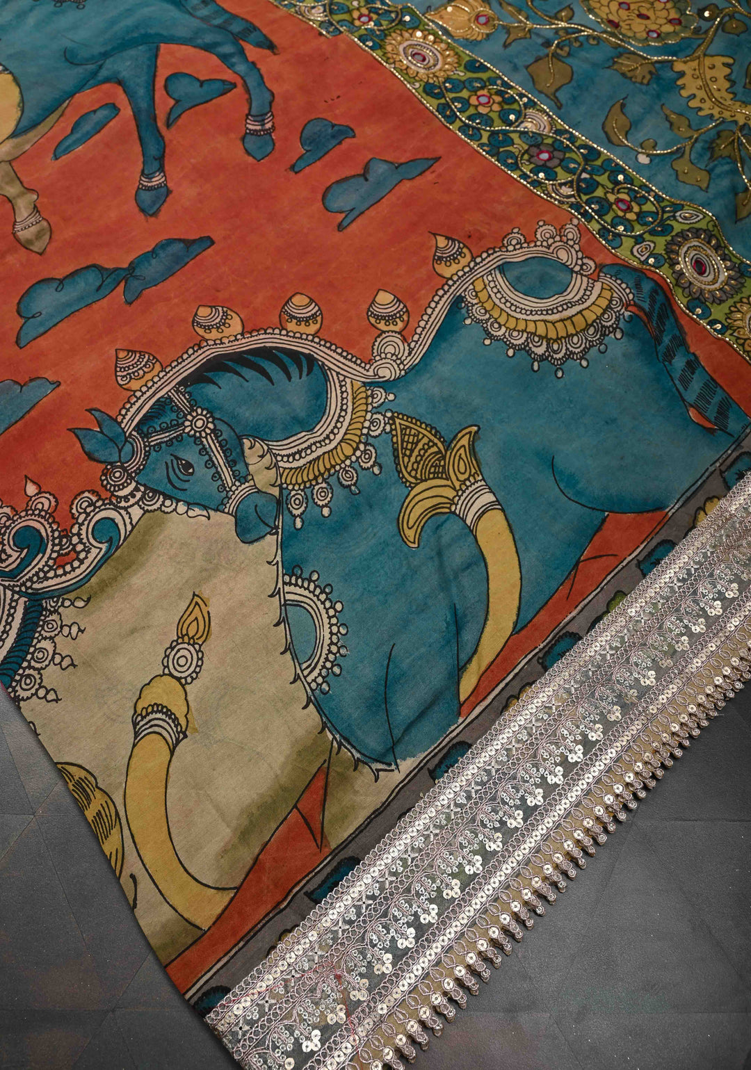 Horse Theme : Burnt Orange Authentic Pen kalamkari on pure Assam Silk Saree with Lace Border and Sequins, Cutdana, Mirror Work on Pallu