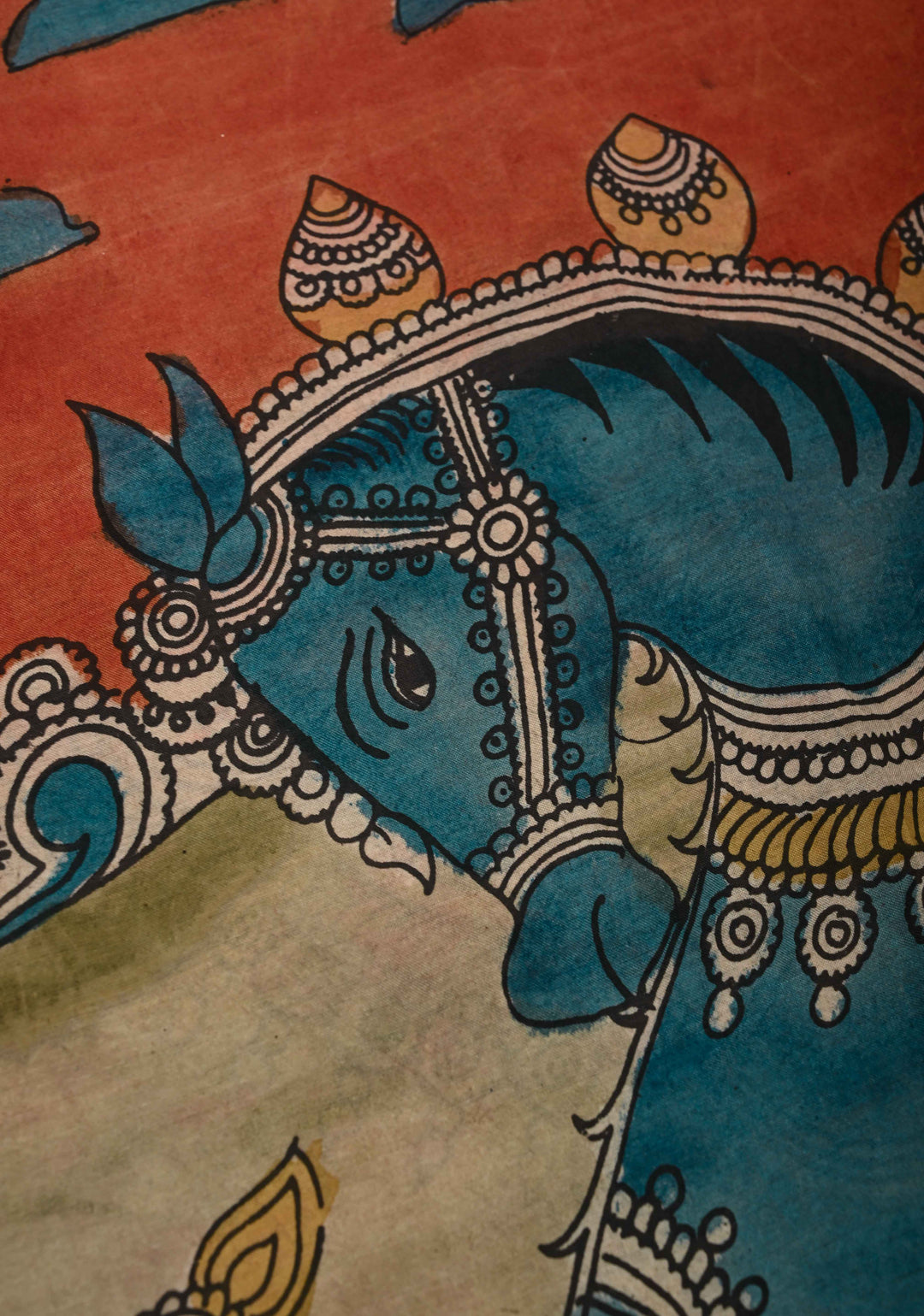 Horse Theme : Burnt Orange Authentic Pen kalamkari on pure Assam Silk Saree with Lace Border and Sequins, Cutdana, Mirror Work on Pallu