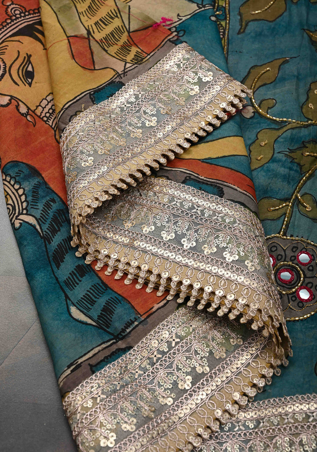 Horse Theme : Burnt Orange Authentic Pen kalamkari on pure Assam Silk Saree with Lace Border and Sequins, Cutdana, Mirror Work on Pallu