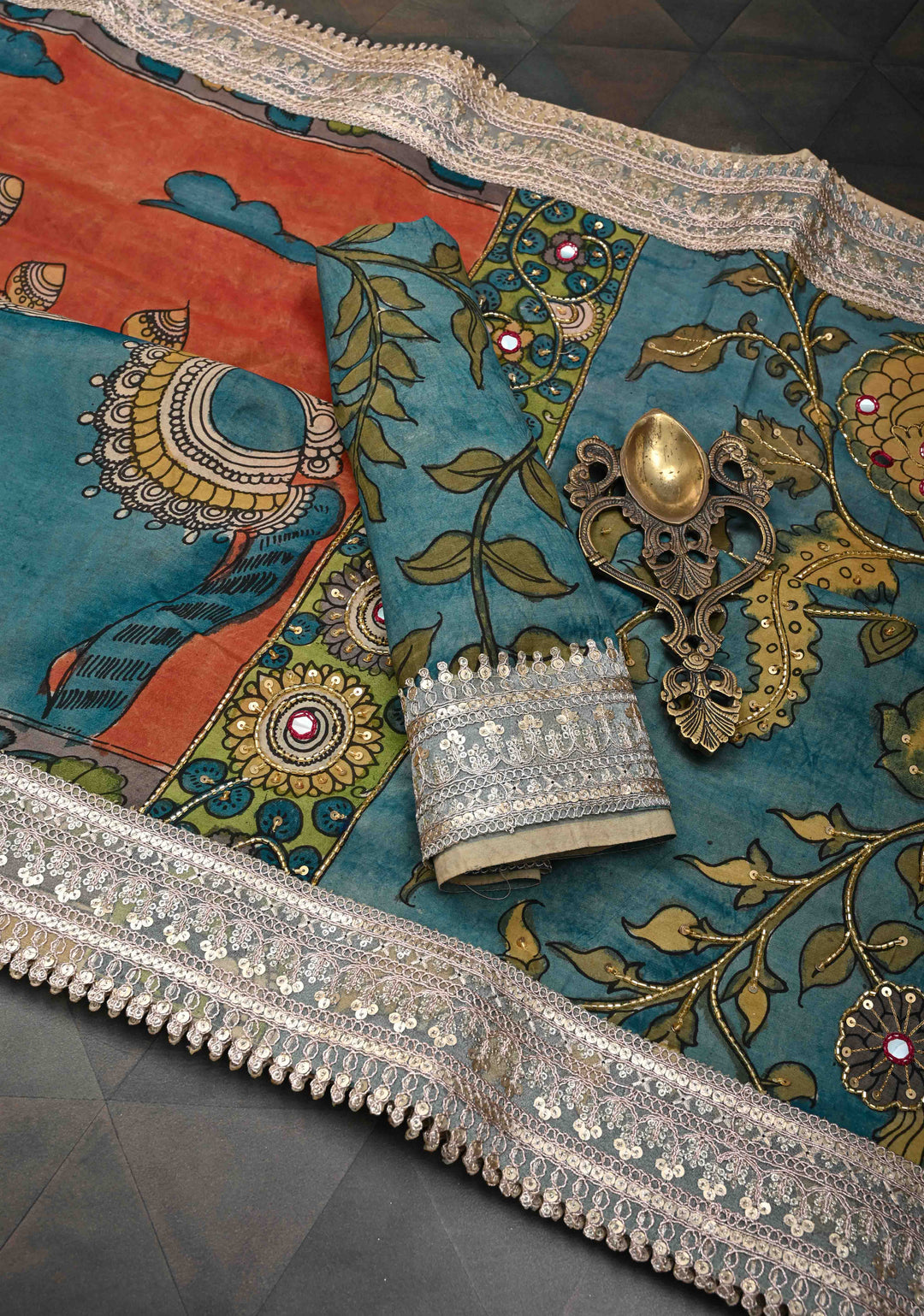 Horse Theme : Burnt Orange Authentic Pen kalamkari on pure Assam Silk Saree with Lace Border and Sequins, Cutdana, Mirror Work on Pallu