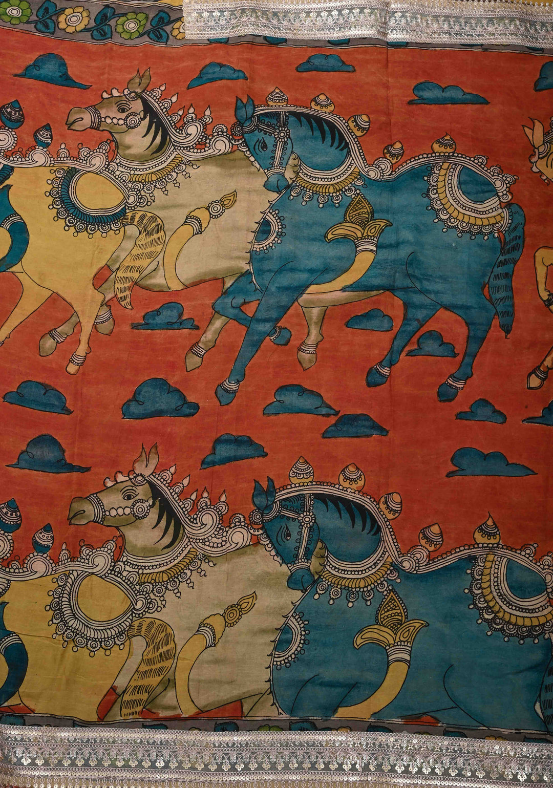 Horse Theme : Burnt Orange Authentic Pen kalamkari on pure Assam Silk Saree with Lace Border and Sequins, Cutdana, Mirror Work on Pallu