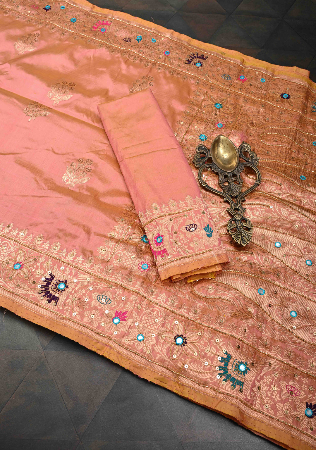Salmon Dual tone Katan Silk Saree with Zari Buttas and Sequins, Cutdana, Mirror work on Border, Pallu | SILK MARK CERTIFIED