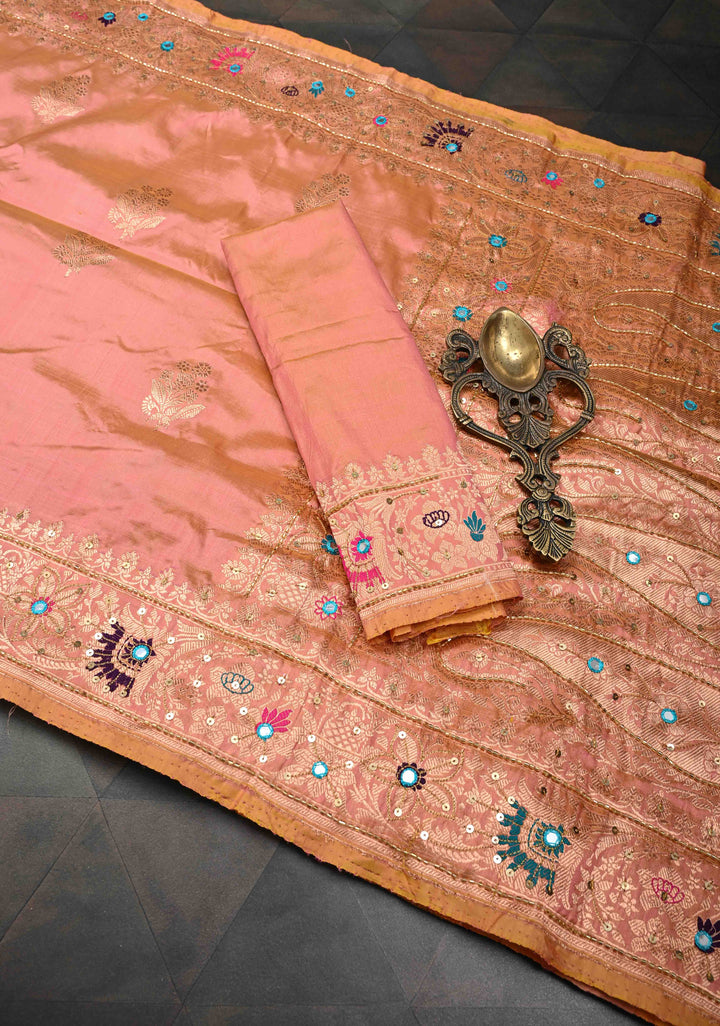 Salmon Dual tone Katan Silk Saree with Zari Buttas and Sequins, Cutdana, Mirror work on Border, Pallu | SILK MARK CERTIFIED
