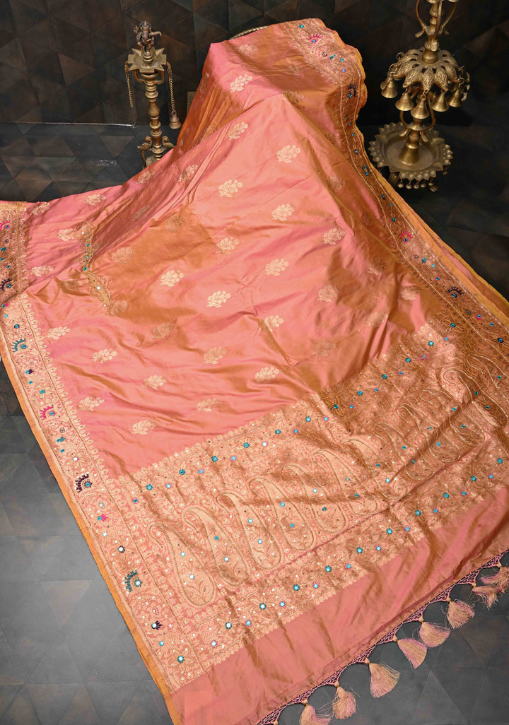 Salmon Dual tone Katan Silk Saree with Zari Buttas and Sequins, Cutdana, Mirror work on Border, Pallu | SILK MARK CERTIFIED