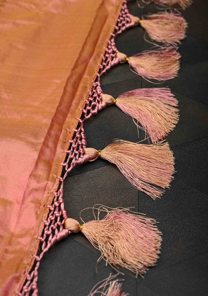 Salmon Dual tone Katan Silk Saree with Zari Buttas and Sequins, Cutdana, Mirror work on Border, Pallu | SILK MARK CERTIFIED