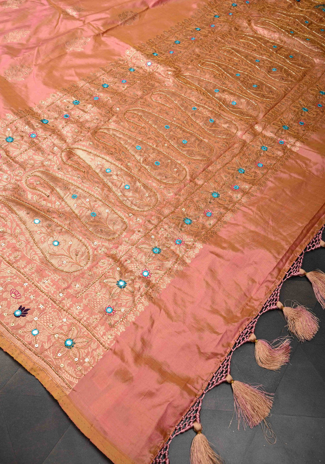 Salmon Dual tone Katan Silk Saree with Zari Buttas and Sequins, Cutdana, Mirror work on Border, Pallu | SILK MARK CERTIFIED