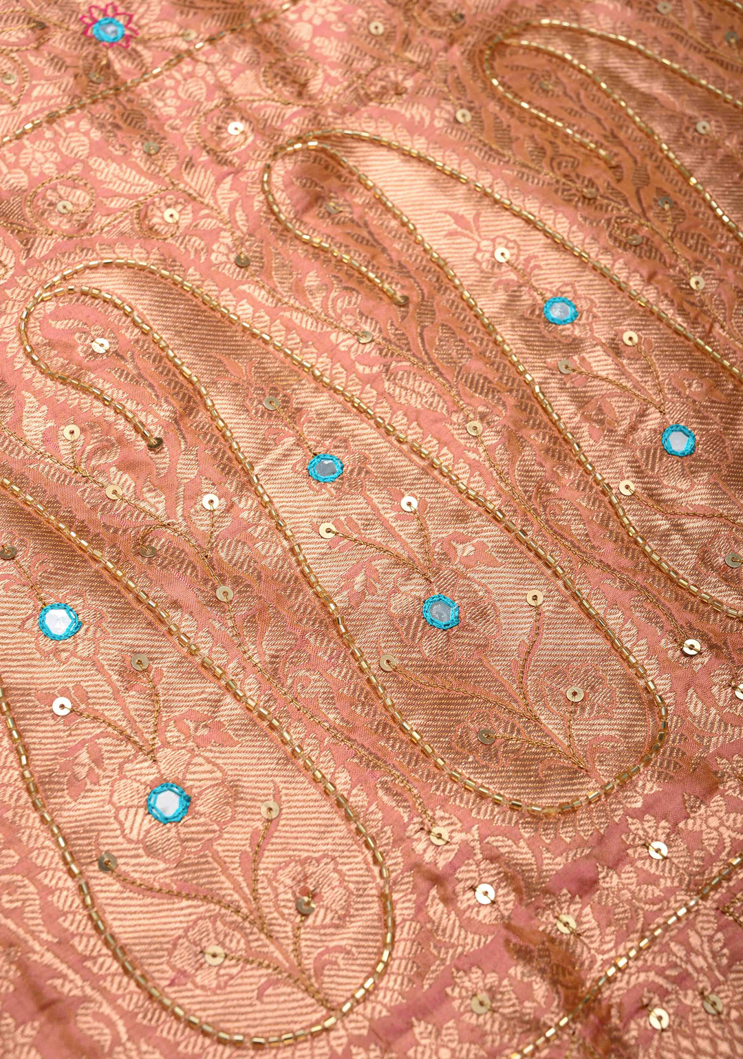 Salmon Dual tone Katan Silk Saree with Zari Buttas and Sequins, Cutdana, Mirror work on Border, Pallu | SILK MARK CERTIFIED