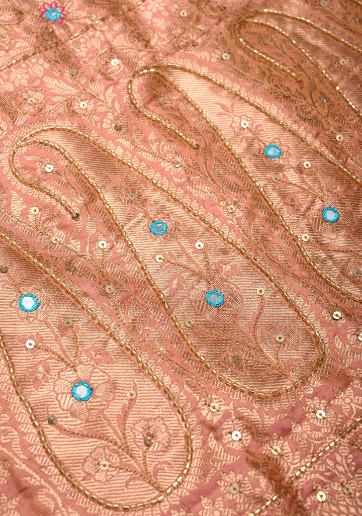 Salmon Dual tone Katan Silk Saree with Zari Buttas and Sequins, Cutdana, Mirror work on Border, Pallu | SILK MARK CERTIFIED