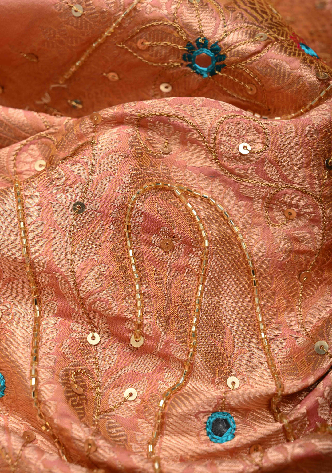 Salmon Dual tone Katan Silk Saree with Zari Buttas and Sequins, Cutdana, Mirror work on Border, Pallu | SILK MARK CERTIFIED
