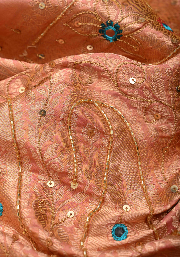 Salmon Dual tone Katan Silk Saree with Zari Buttas and Sequins, Cutdana, Mirror work on Border, Pallu | SILK MARK CERTIFIED