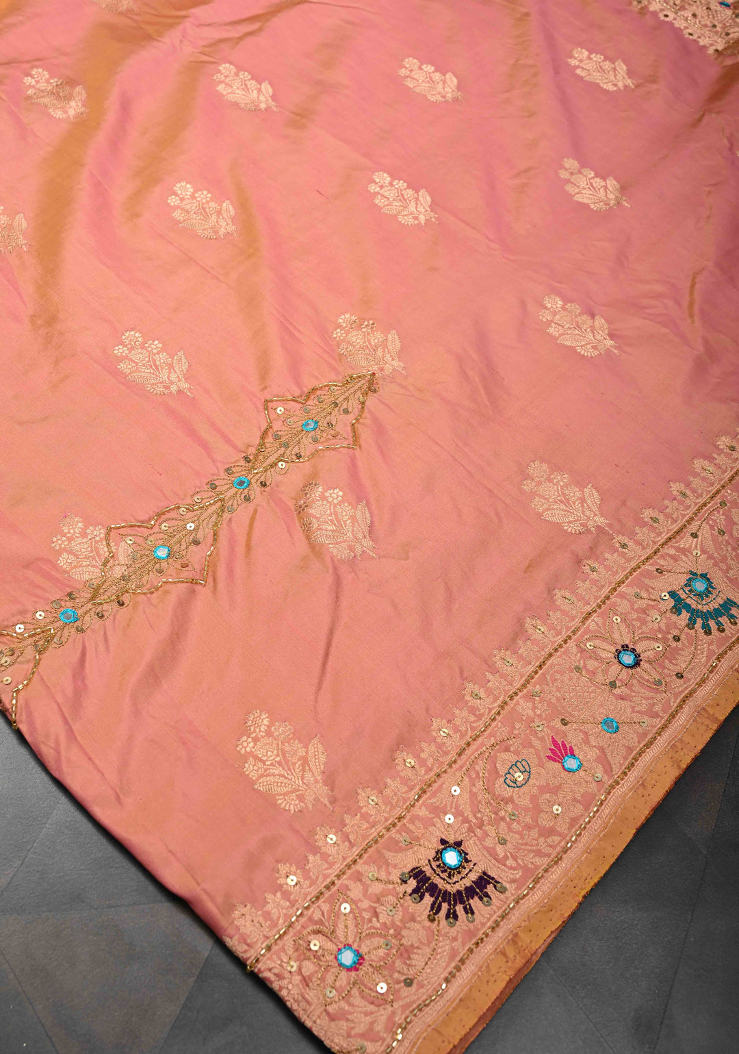 Salmon Dual tone Katan Silk Saree with Zari Buttas and Sequins, Cutdana, Mirror work on Border, Pallu | SILK MARK CERTIFIED