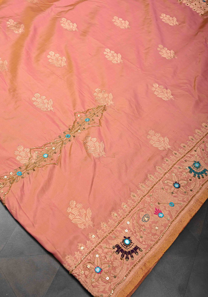 Salmon Dual tone Katan Silk Saree with Zari Buttas and Sequins, Cutdana, Mirror work on Border, Pallu | SILK MARK CERTIFIED