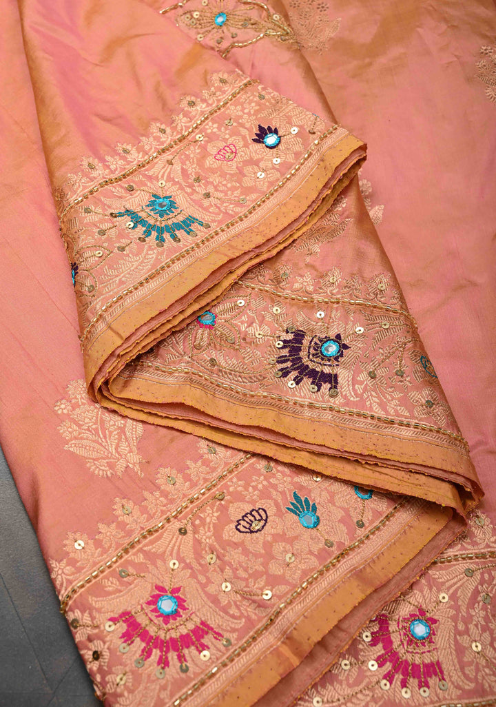 Salmon Dual tone Katan Silk Saree with Zari Buttas and Sequins, Cutdana, Mirror work on Border, Pallu | SILK MARK CERTIFIED