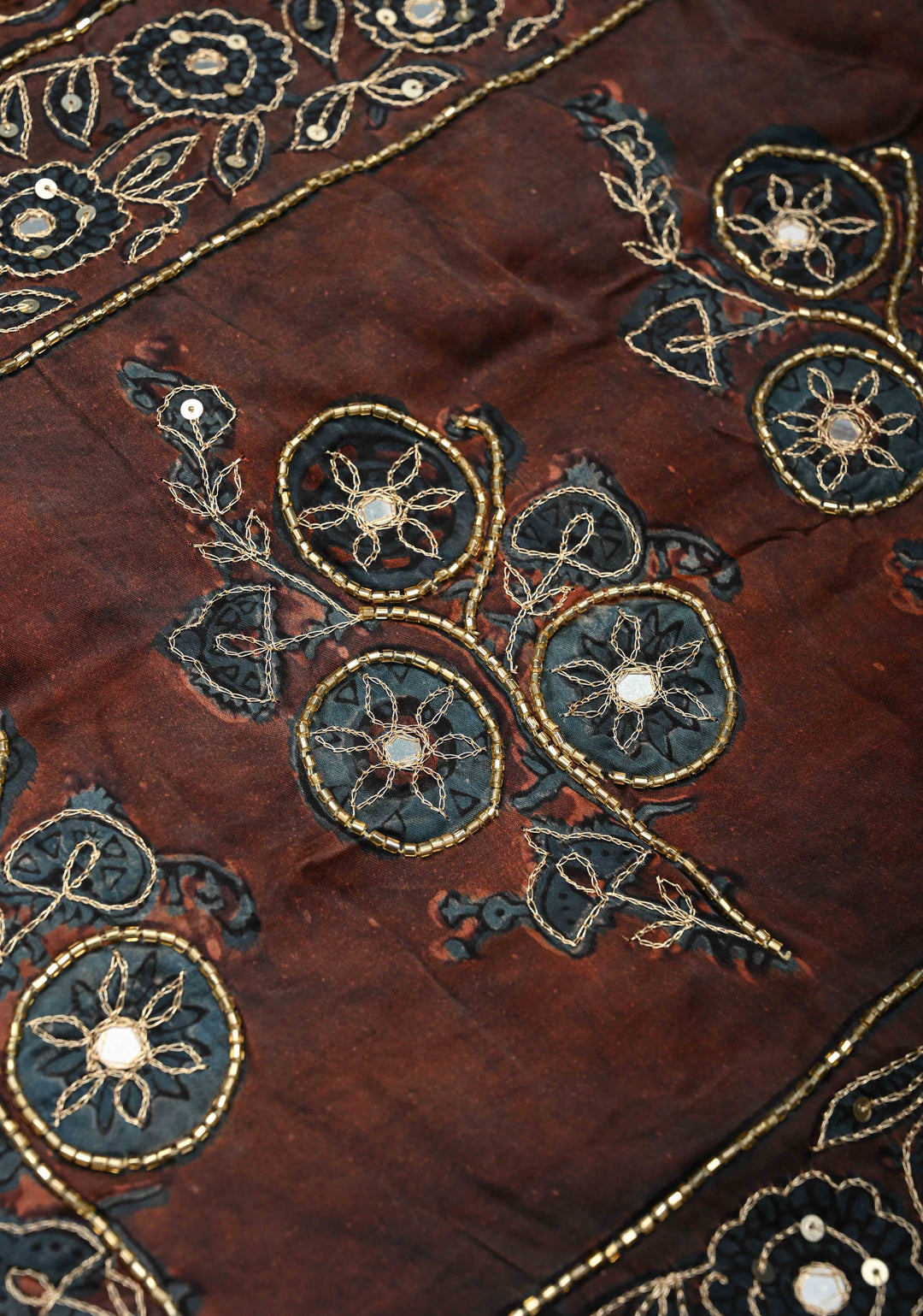 Indigo Modal Silk Saree with Vanaspati Hand Block Print, Sequins, Cutdana and Hand embroidery