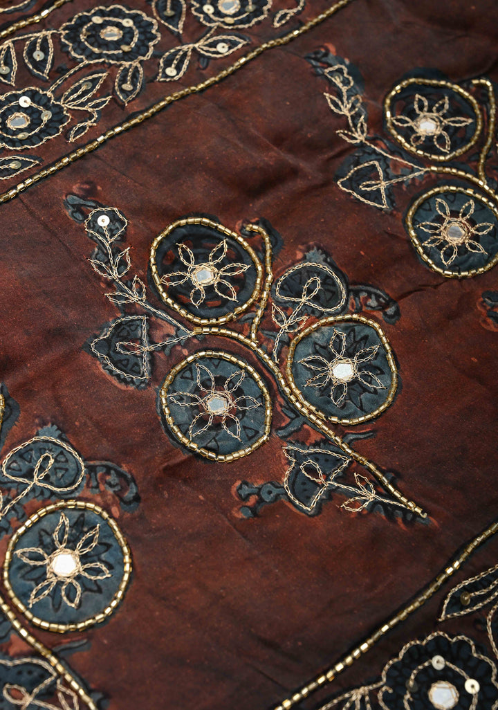 Indigo Modal Silk Saree with Vanaspati Hand Block Print, Sequins, Cutdana and Hand embroidery