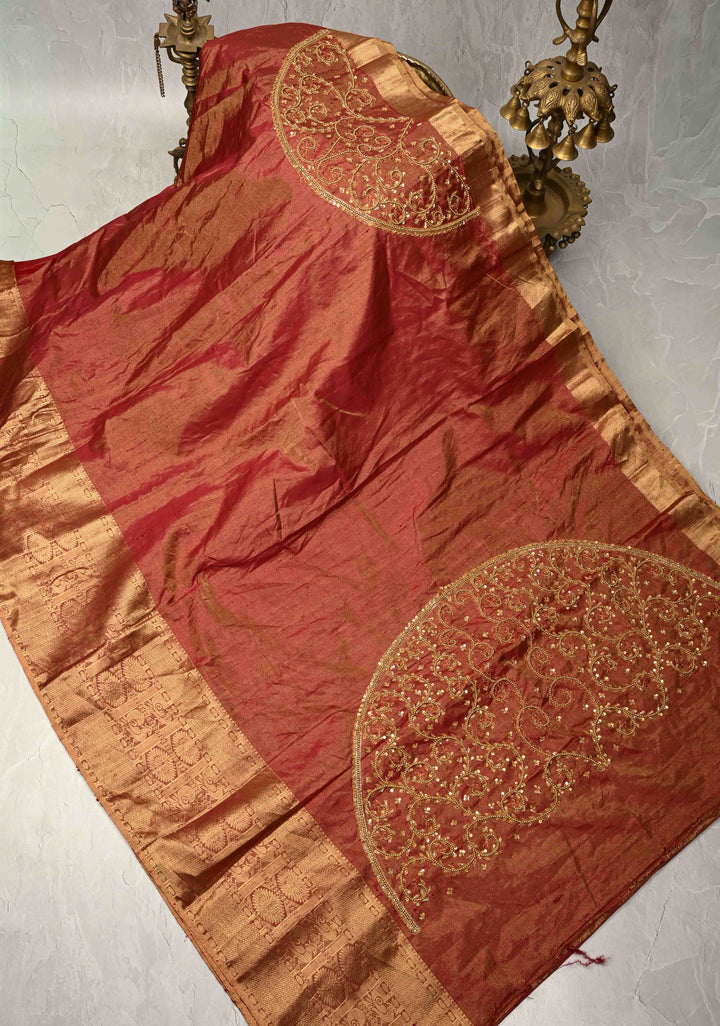 Maroon Tissue Pure Raw Silk Kanjivaram Saree with Wide Zari Border and Sequins, Cutdana Moti Hand Work  | SILK MARK CERTIFIED