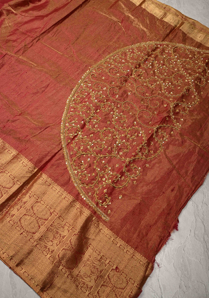 Maroon Tissue Pure Raw Silk Kanjivaram Saree with Wide Zari Border and Sequins, Cutdana Moti Hand Work  | SILK MARK CERTIFIED