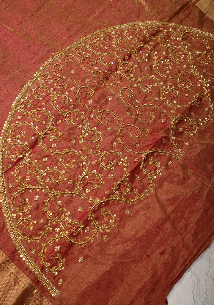Maroon Tissue Pure Raw Silk Kanjivaram Saree with Wide Zari Border and Sequins, Cutdana Moti Hand Work  | SILK MARK CERTIFIED