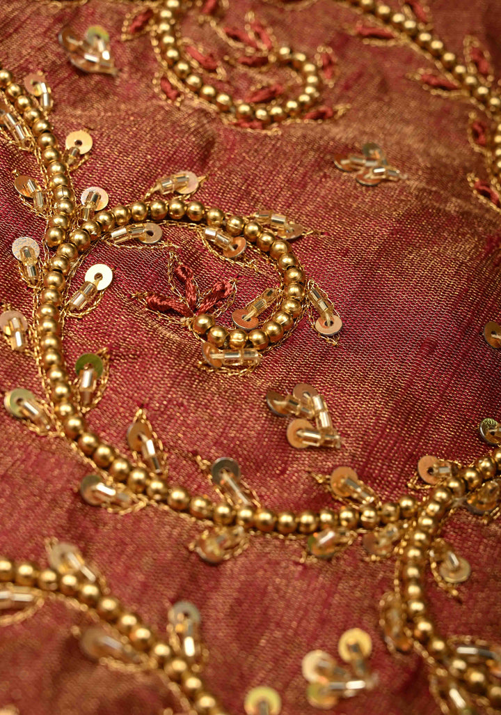 Maroon Tissue Pure Raw Silk Kanjivaram Saree with Wide Zari Border and Sequins, Cutdana Moti Hand Work  | SILK MARK CERTIFIED