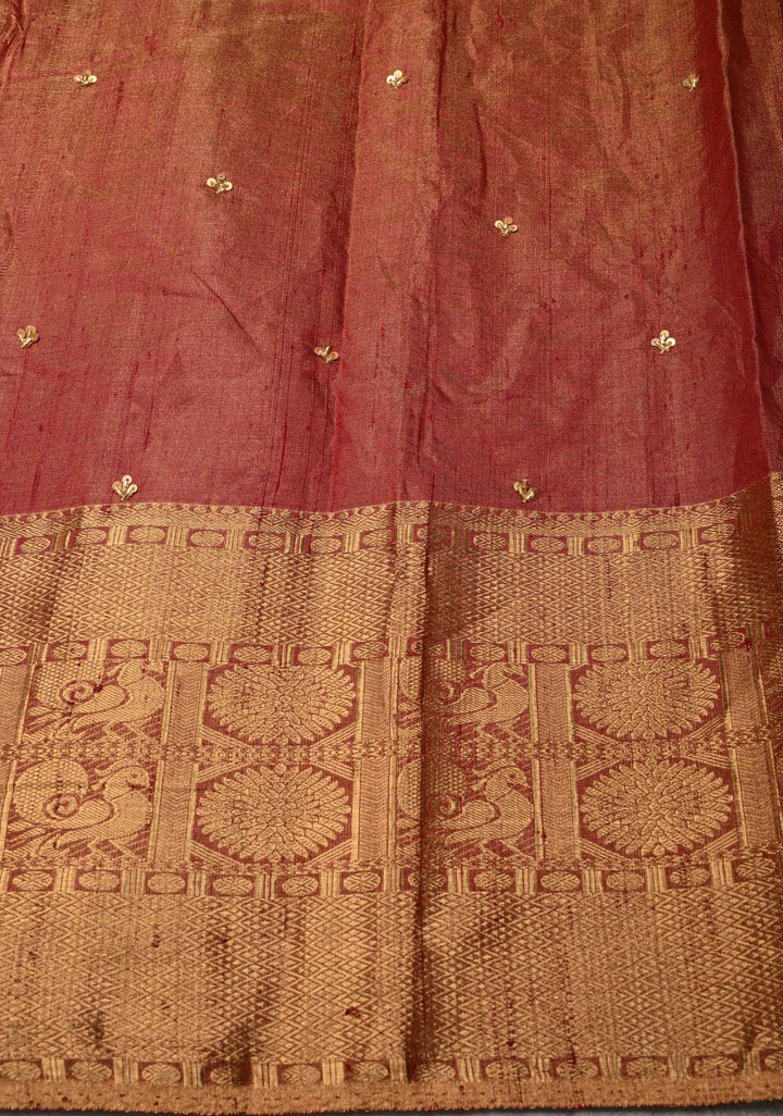 Maroon Tissue Pure Raw Silk Kanjivaram Saree with Wide Zari Border and Sequins, Cutdana Moti Hand Work  | SILK MARK CERTIFIED