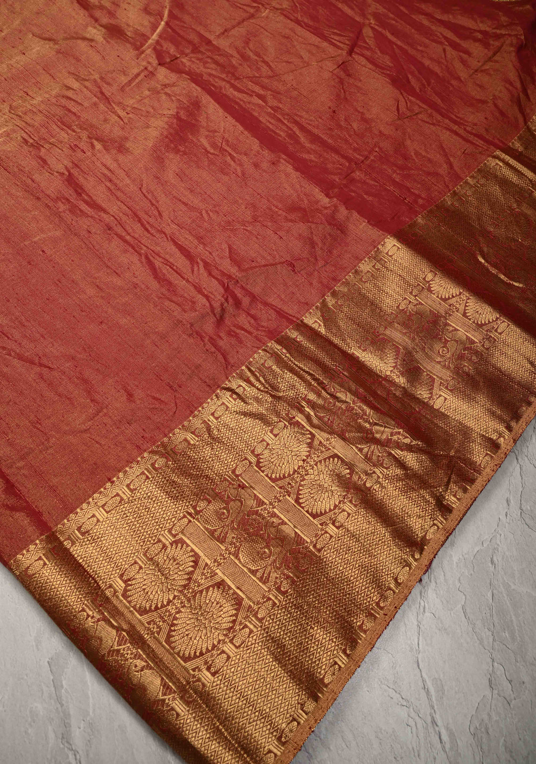 Maroon Tissue Pure Raw Silk Kanjivaram Saree with Wide Zari Border and Sequins, Cutdana Moti Hand Work  | SILK MARK CERTIFIED