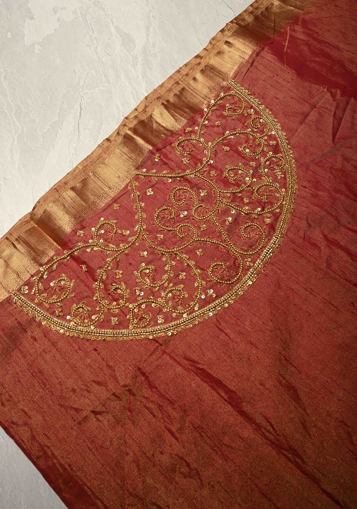 Maroon Tissue Pure Raw Silk Kanjivaram Saree with Wide Zari Border and Sequins, Cutdana Moti Hand Work  | SILK MARK CERTIFIED