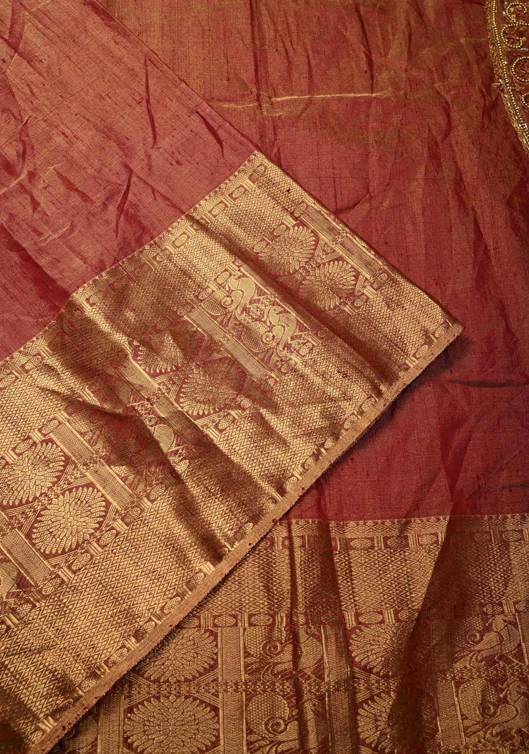 Maroon Tissue Pure Raw Silk Kanjivaram Saree with Wide Zari Border and Sequins, Cutdana Moti Hand Work  | SILK MARK CERTIFIED
