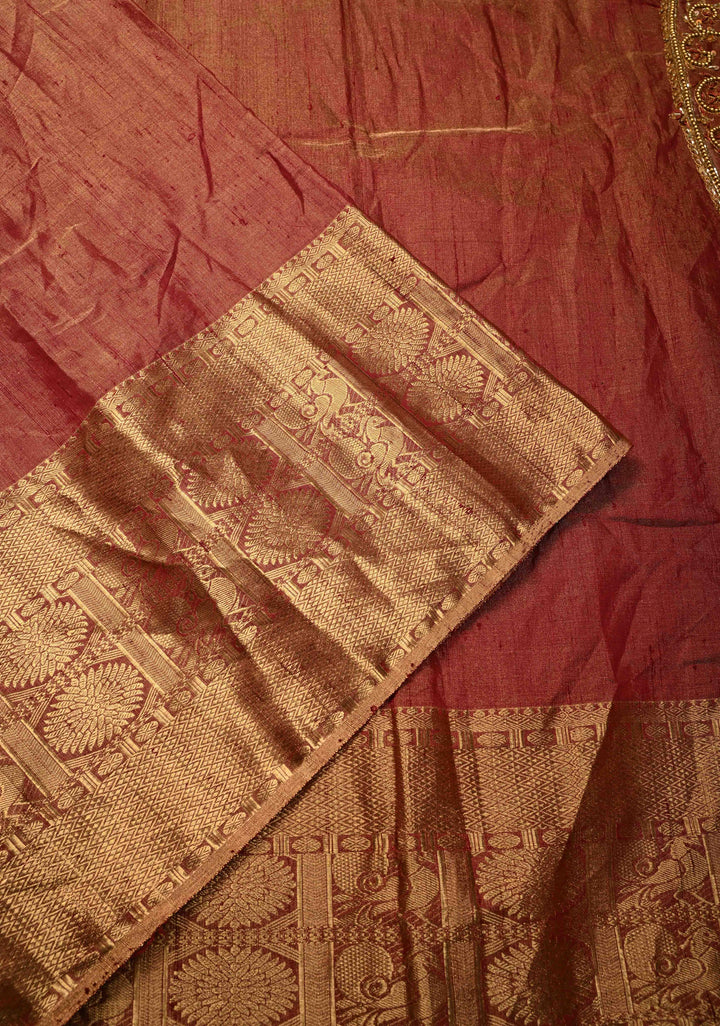 Maroon Tissue Pure Raw Silk Kanjivaram Saree with Wide Zari Border and Sequins, Cutdana Moti Hand Work  | SILK MARK CERTIFIED