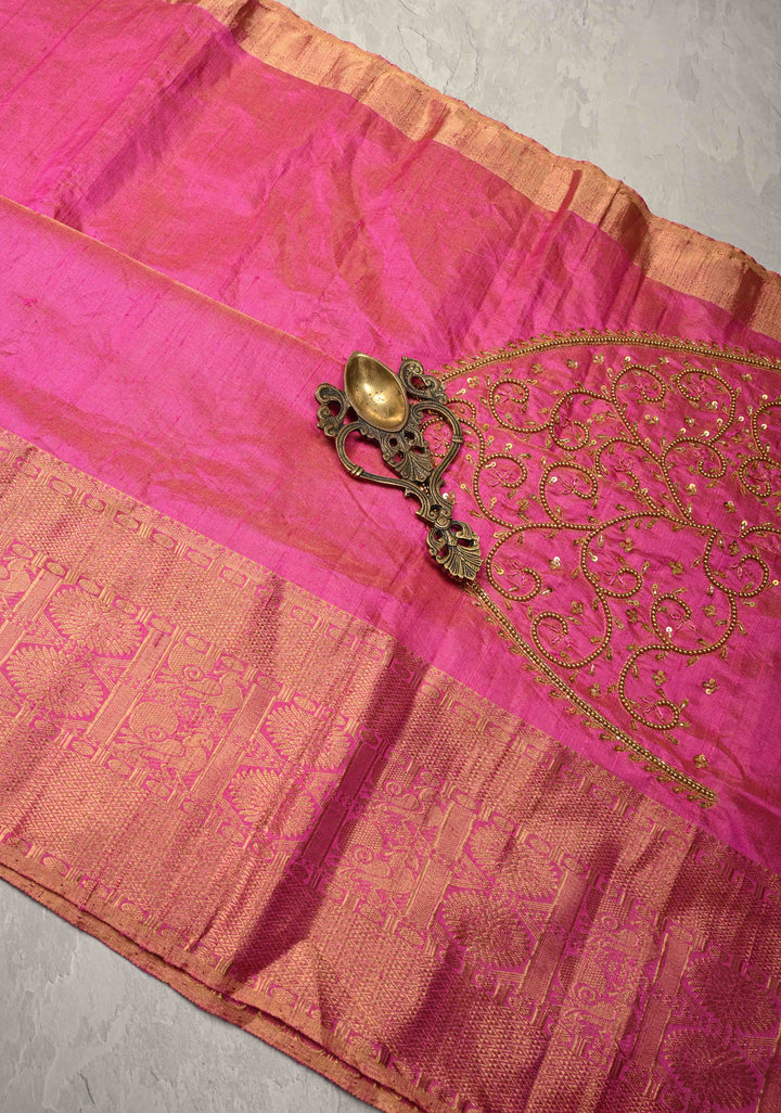 Bright Pink Tissue Pure Raw Silk Kanjivaram Saree with Wide Zari Border and Sequins, Cutdana Moti Hand Work  | SILK MARK CERTIFIED