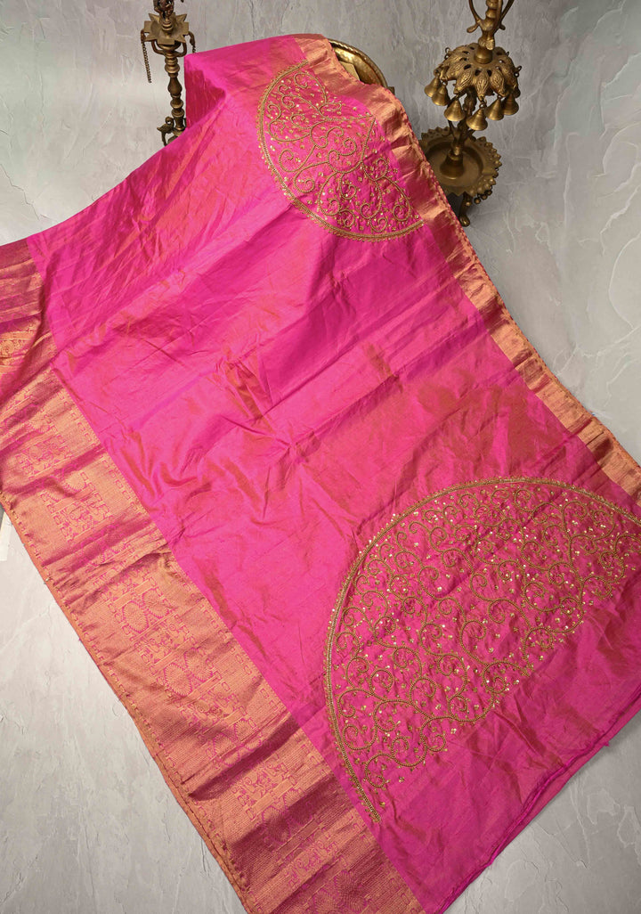 Bright Pink Tissue Pure Raw Silk Kanjivaram Saree with Wide Zari Border and Sequins, Cutdana Moti Hand Work  | SILK MARK CERTIFIED